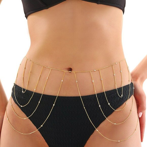 Gold Delicate Waist Body Chain with Zircon Stones – Perfect for Beach & Festival - Picture 2 of 4